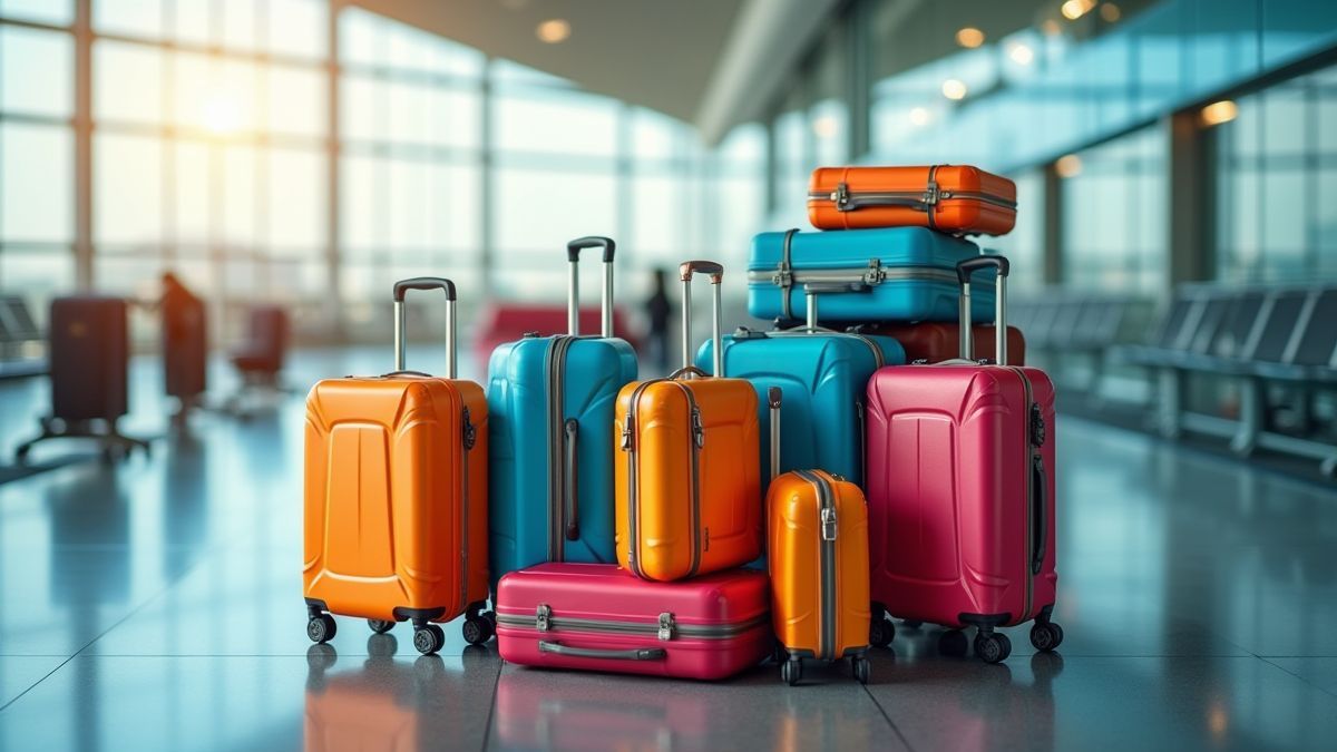 Valises colorées dans un aéroport animé.