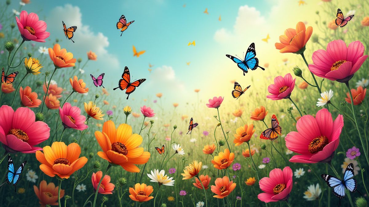 Un jardín vibrante lleno de flores de colores y mariposas.