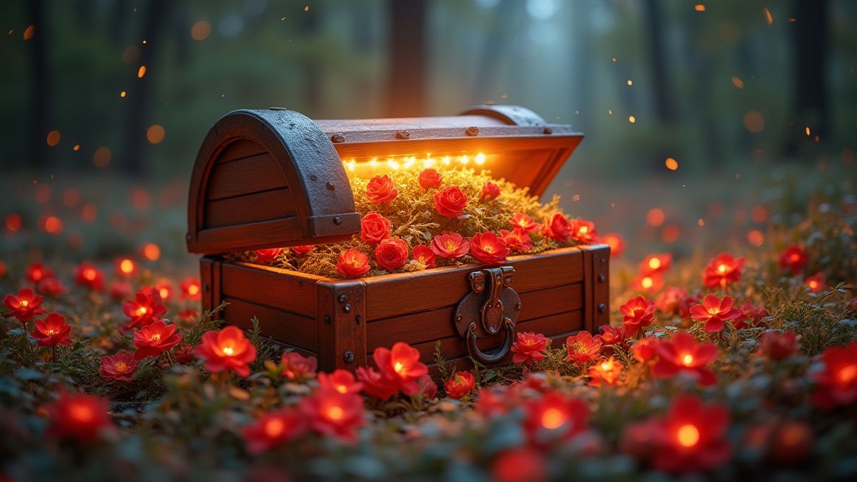 Un cofre del tesoro rodeado de flores y luz brillante.