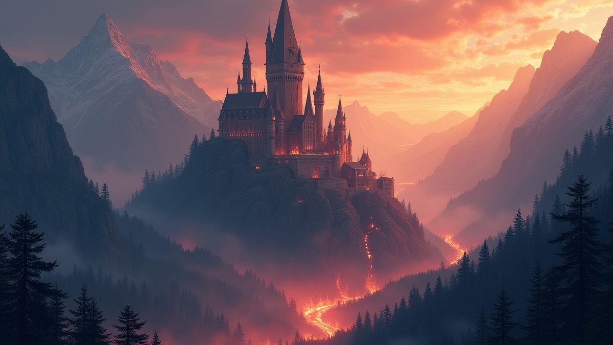 Un castillo fantasioso rodeado de montañas y fuego.