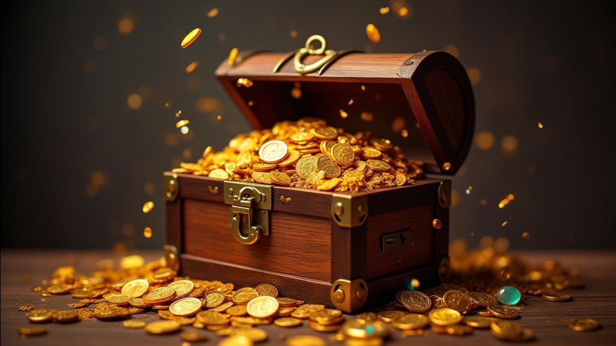 Un cofre del tesoro lleno de monedas de oro y gemas.