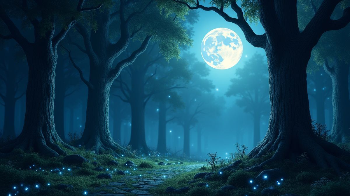 Um bosque místico iluminado pela lua cheia e diamantes brilhando no chão.