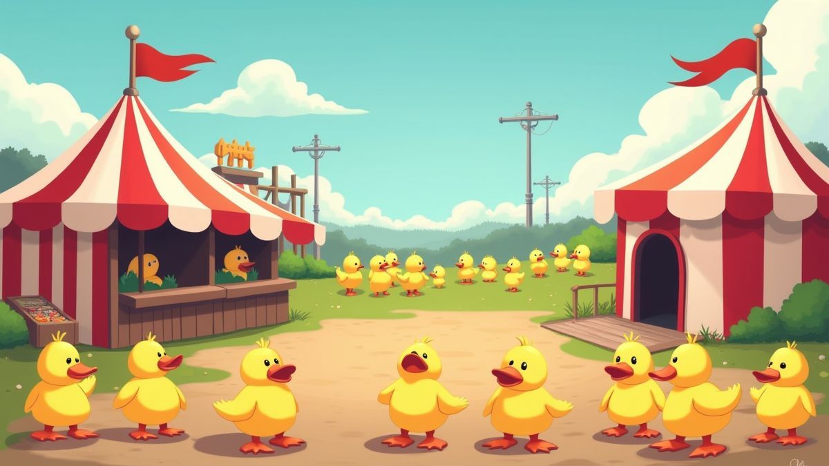 Carnival shooting gallery with ducks lined up.