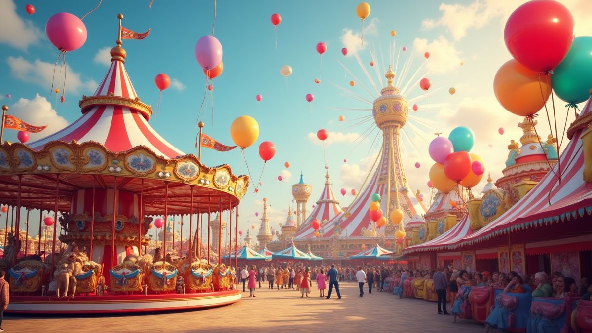 Lively carnival with balloons and carousel.