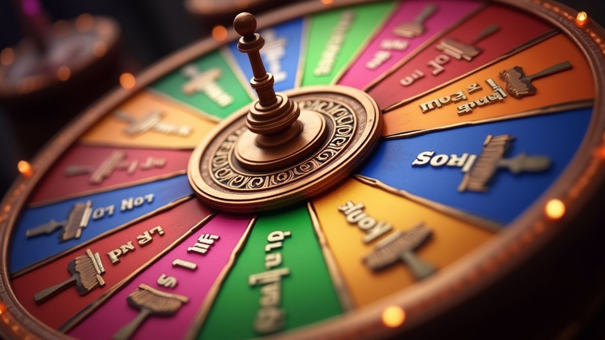Spinning fortune wheel with colorful prizes.