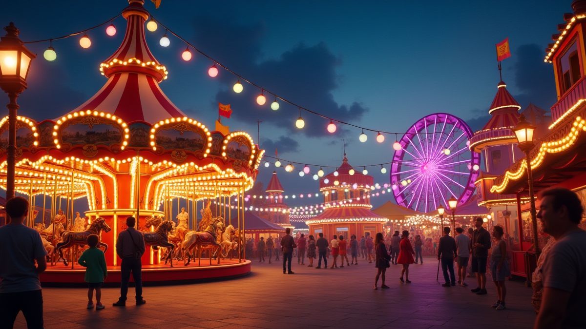 Imagem de um carnaval com luzes brilhantes e um carrossel.