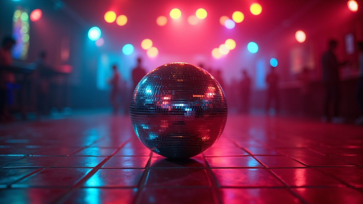 Une boule de discothèque rétro illuminant une piste de danse des années 70.