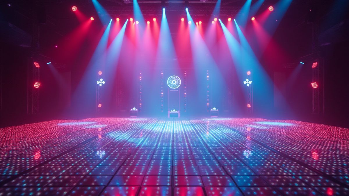 Scène disco vibrante avec des grilles s'étendant et des symboles colorés brillant intensément.