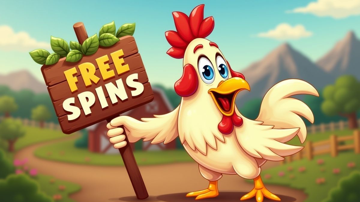 Um frango divertido segurando um cartaz de 'Giros Grátis' em uma fazenda colorida.