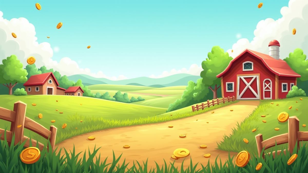 Uma paisagem de fazenda com moedas espalhadas e um carretel de caça-níqueis girando.