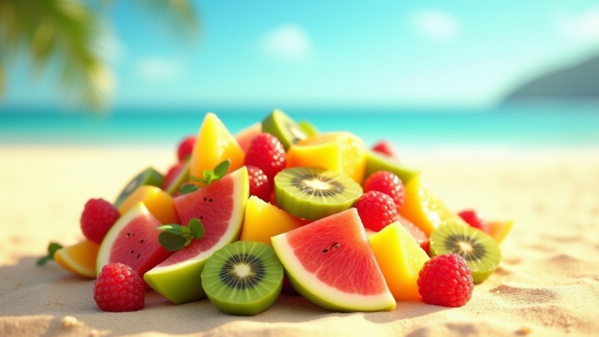 Een levendige tropische fruitsalade op een zonnig strand.