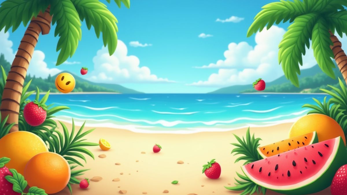 Een geanimeerde tropische strandscène met dansende vruchten en levendige kleuren.