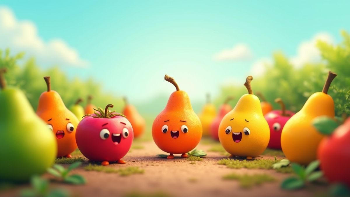 Una granja animada con frutas antropomórficas bajo el sol.