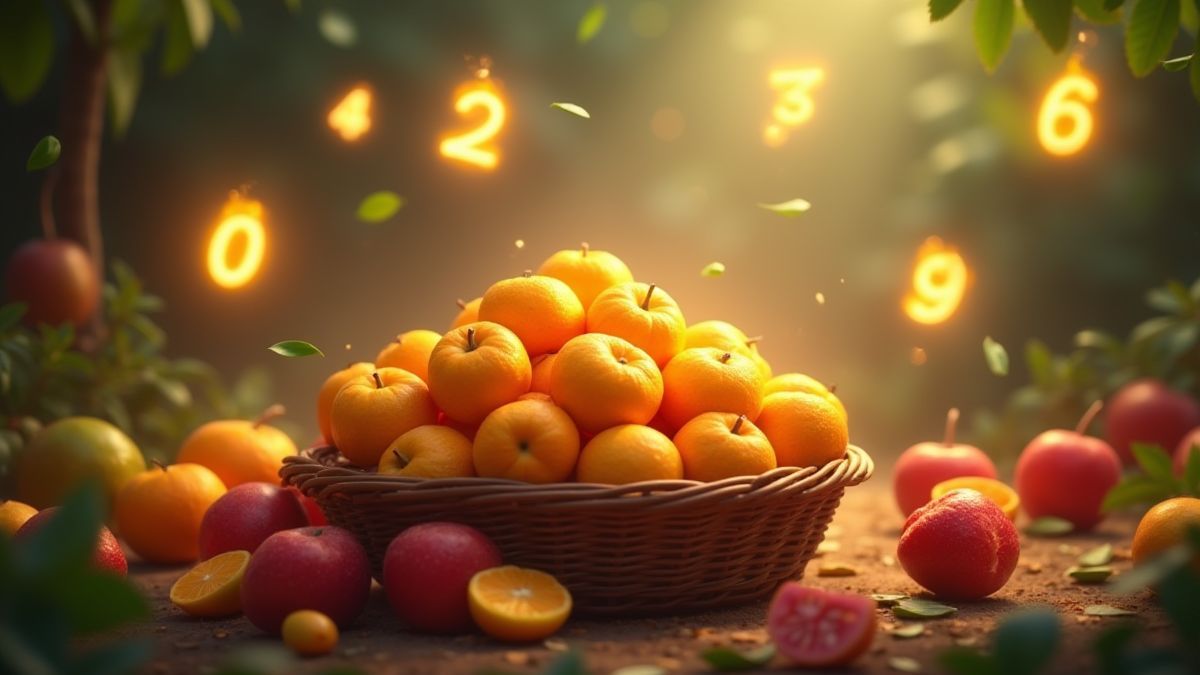 Frutas siendo recogidas con multiplicadores brillantes flotando.