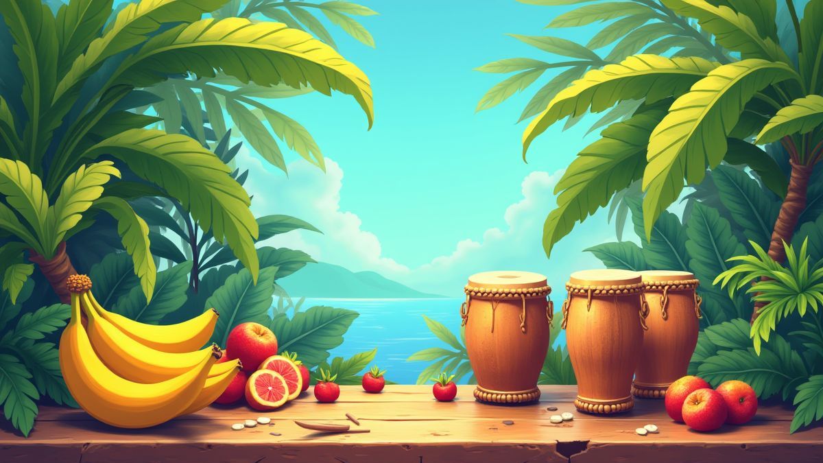 Tropische scène met bananen en conga-drums in levendige kleuren.