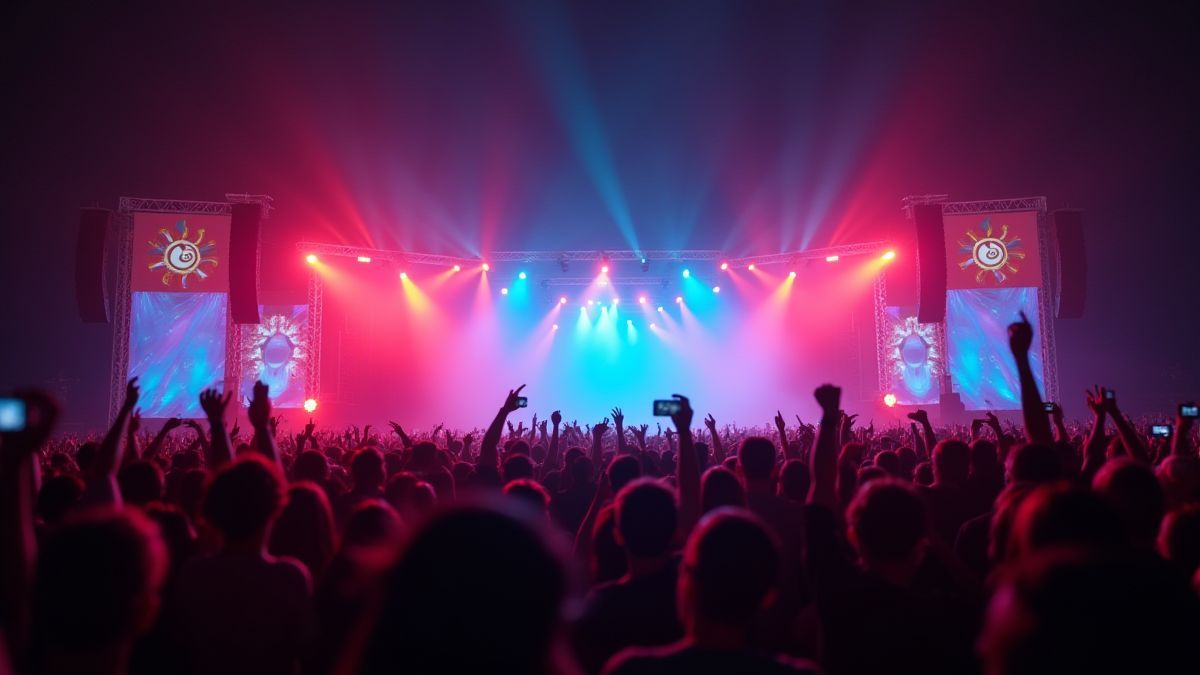 Festival stage with bright lights and an animated crowd.