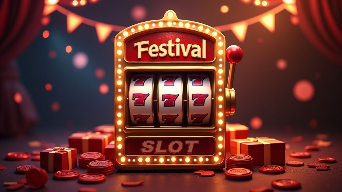 Slot machine spinning surrounded by festive decorations.