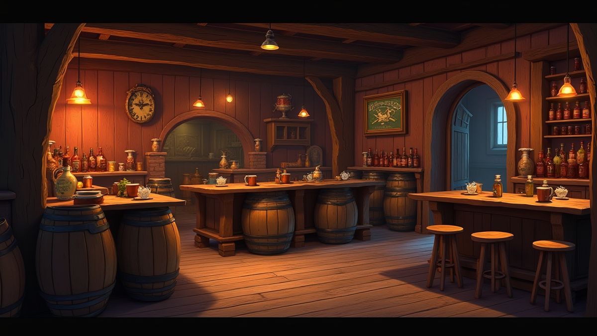 Eine Piratentaverne mit Holzfässern und Rumkrügen.