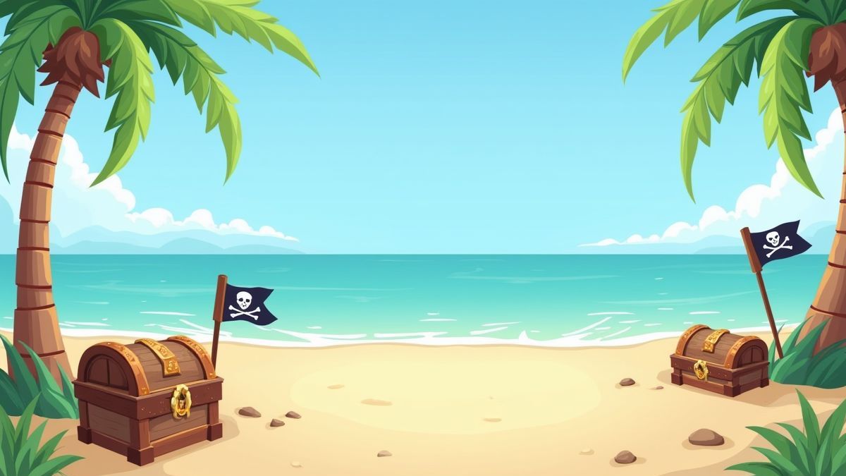 Ein fröhlicher Strand mit Schatzkisten und Piratenflaggen.