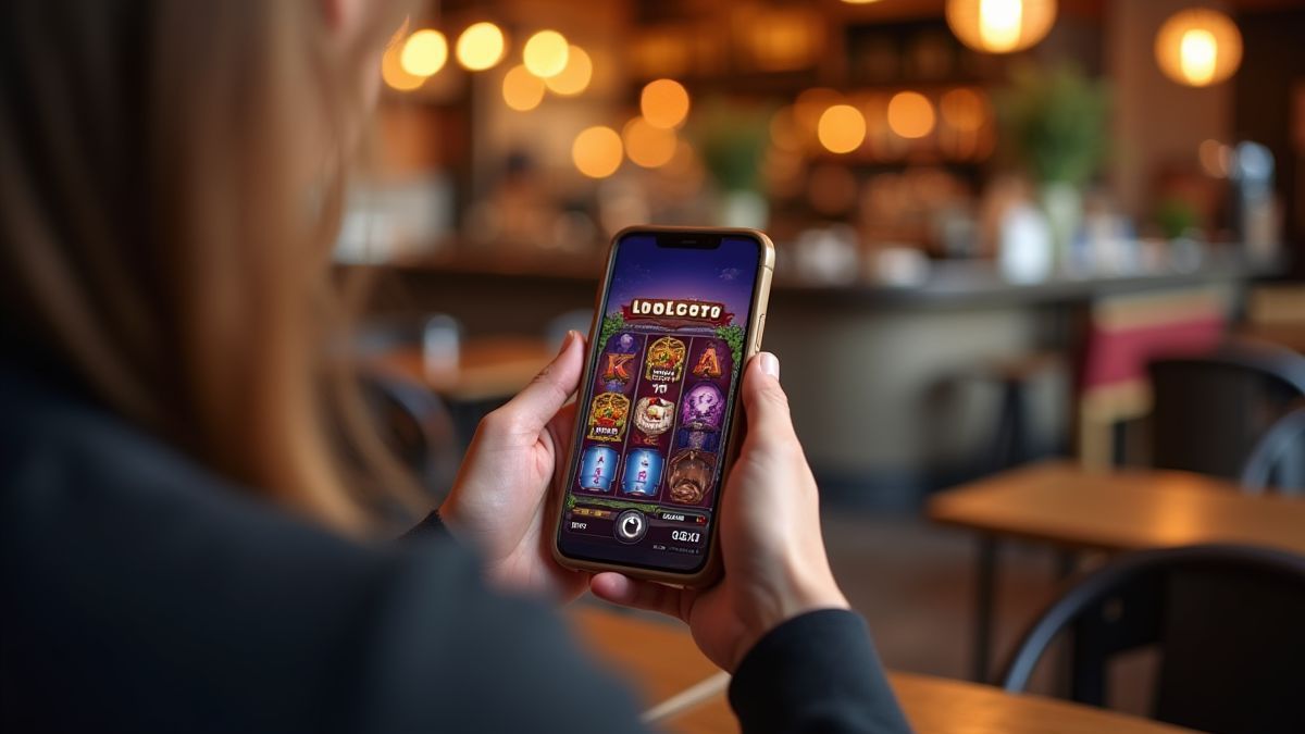 Persona jugando a un slot colorido en un móvil en una cafetería acogedora.