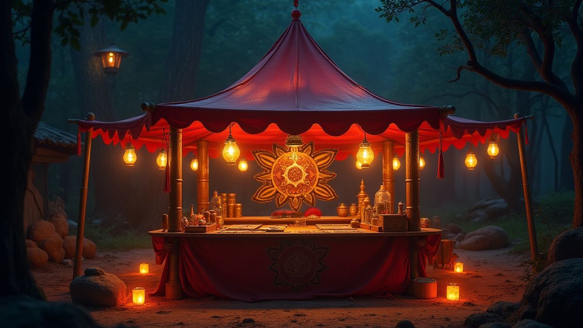 A fortune teller's tent illuminated by bright lanterns, surrounded by magical symbols.