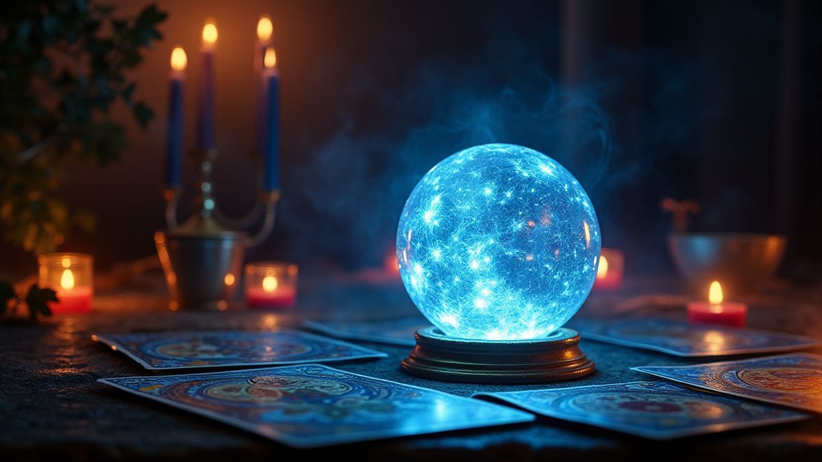 A table with tarot cards and a glowing crystal ball surrounded by mystical energy.