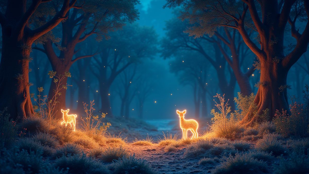 Magischer Wald mit leuchtenden Pflanzen und mystischen Tieren.