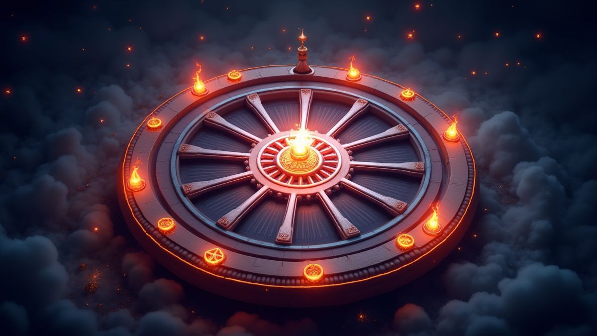 Magisches Rad umgeben von leuchtenden Symbolen.