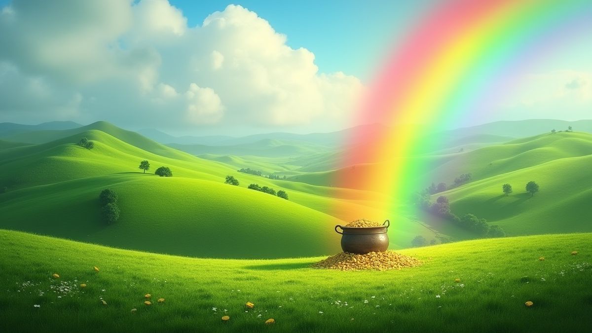 Iers landschap met groene heuvels en een pot goud onder een regenboog.