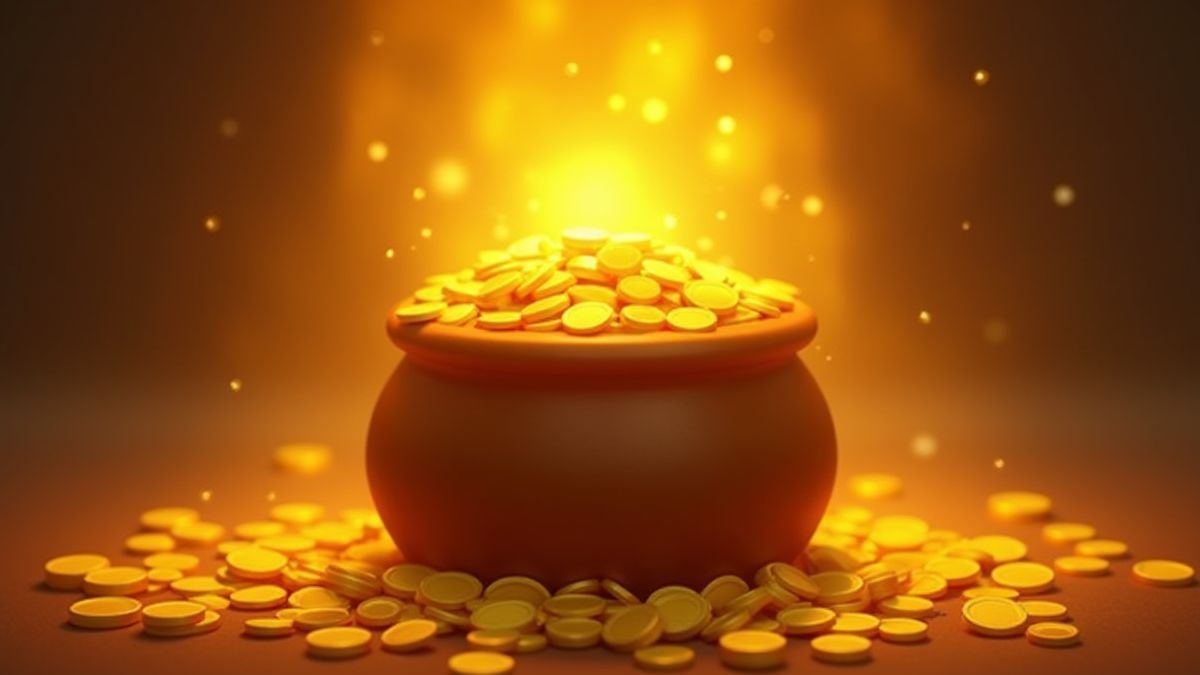 Pot goud omringd door munten met een stralende gouden aura.