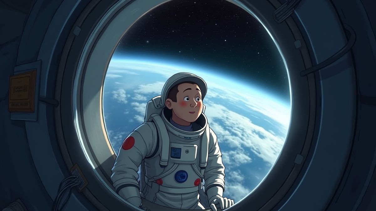 Een geanimeerde illustratie van Yuri Gagarin in zijn ruimtevaartuig die naar de aarde kijkt.
