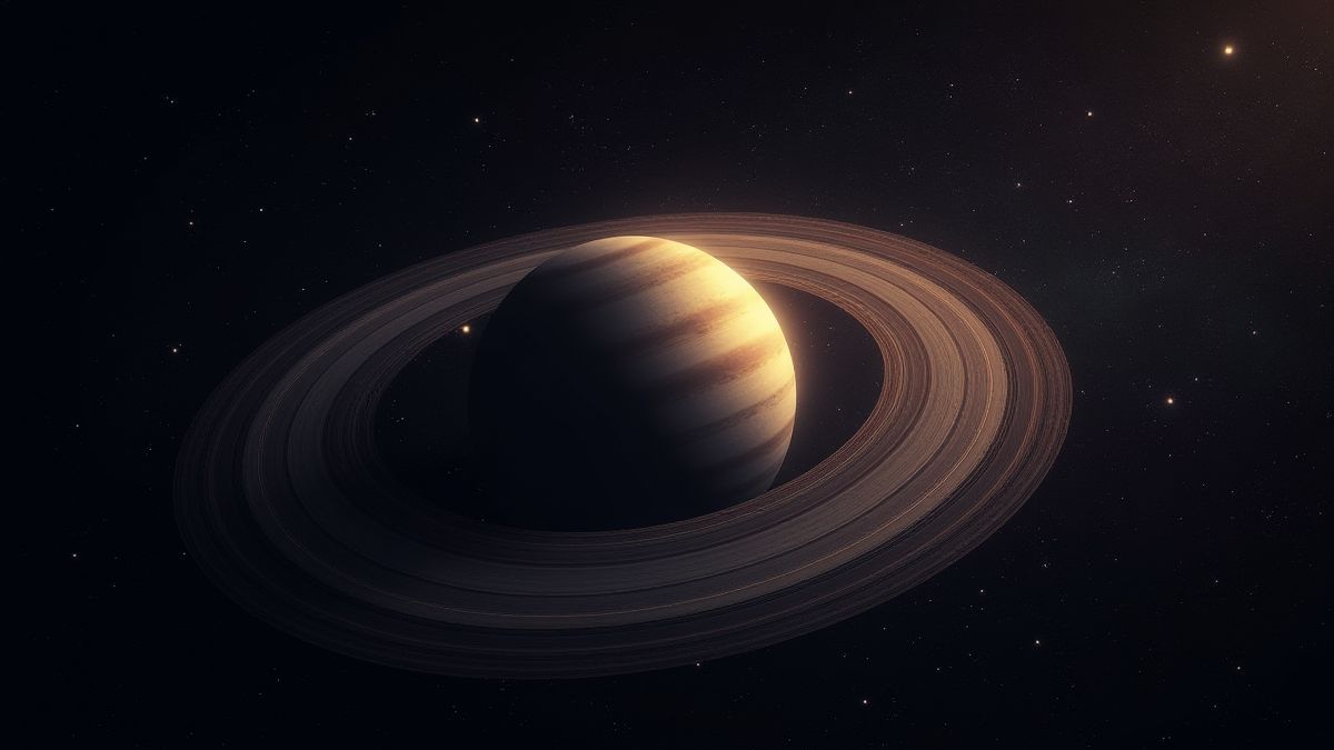 Planet mit Ringen, umgeben von Sternen.