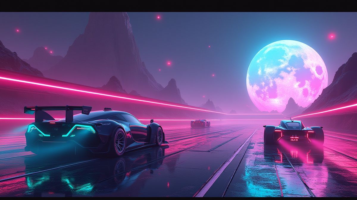 Eine futuristische Rennstrecke mit außerirdischen Fahrzeugen und Neonlichtern.
