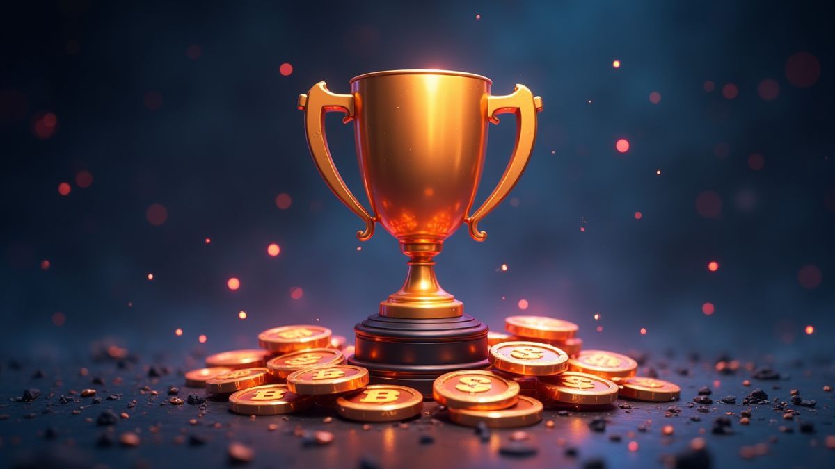 Ein Pokal umgeben von leuchtenden Multiplikatoren in einer futuristischen Umgebung.