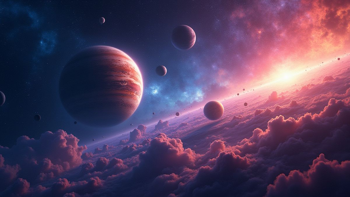 Cosmic scene with bright planets and stars.