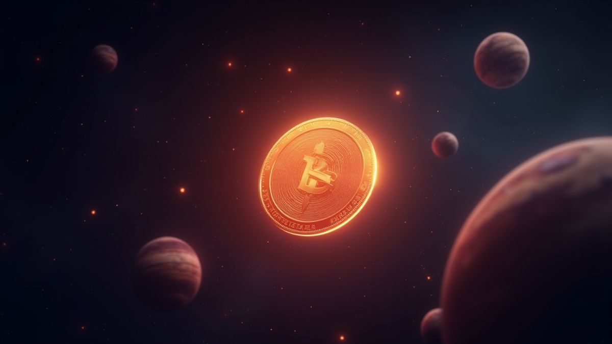 Shining coin floating in a cosmic background.