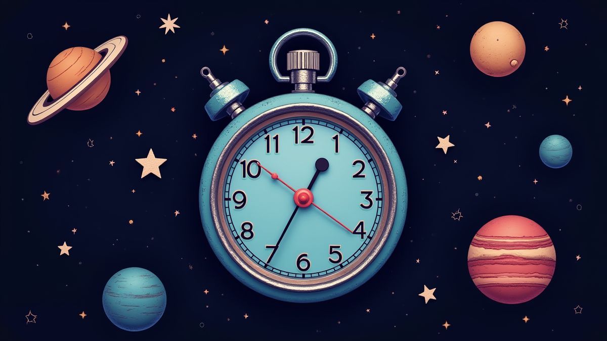Stopwatch with cosmic theme surrounded by stars and planets.