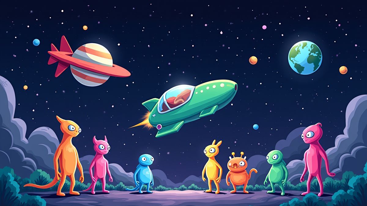 Bunte Aliens und Raumschiffe in einer Galaxie voller Sterne.