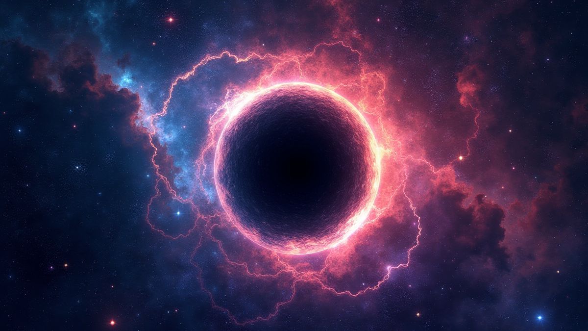 Ein kosmisches schwarzes Loch umgeben von Alien-Symbolen und Sternen.