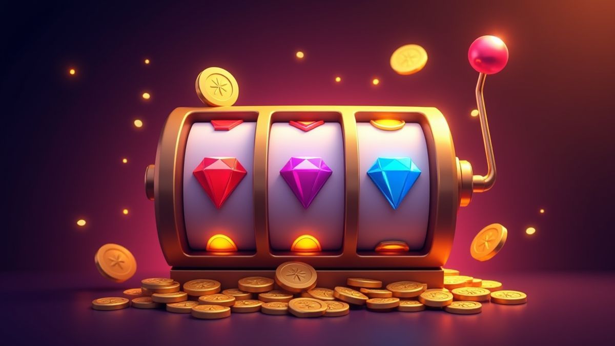 Máquina tragamonedas con símbolos brillantes de diamantes y monedas de oro.