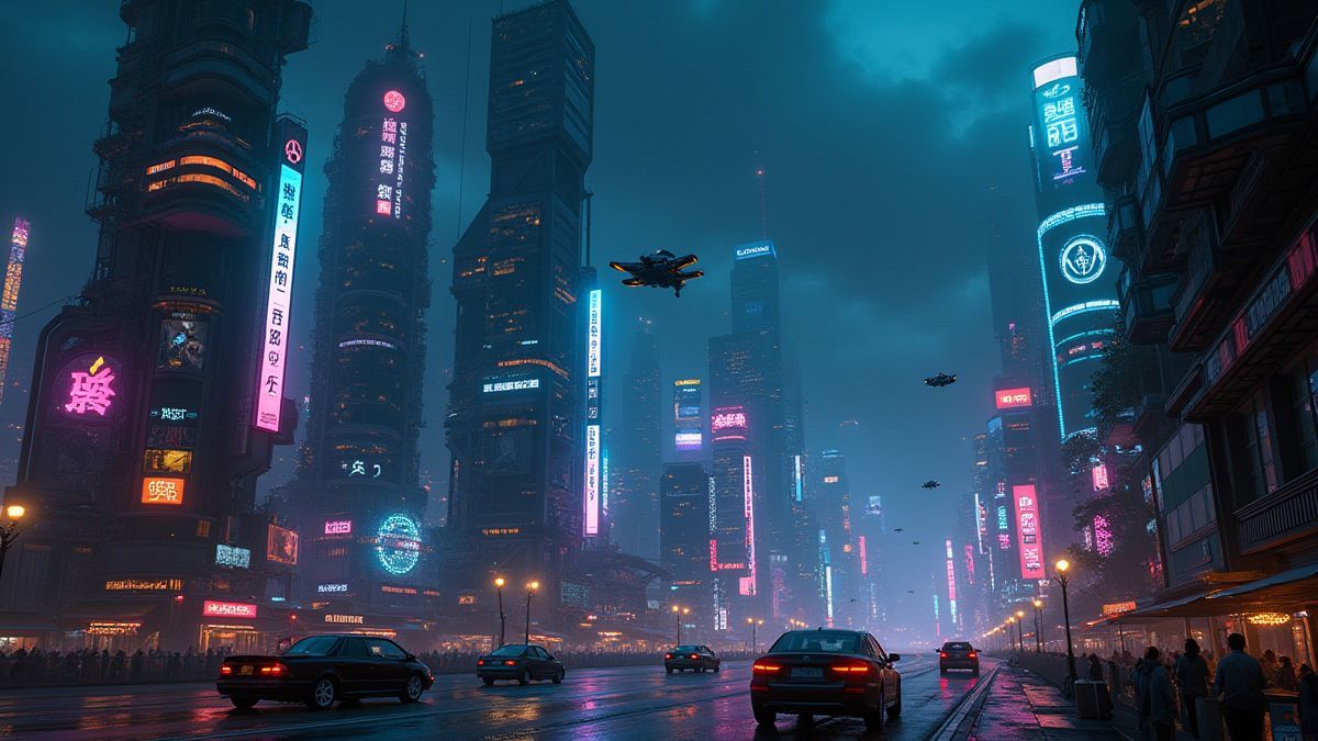 A futuristic city illuminated by neon lights and flying vehicles.