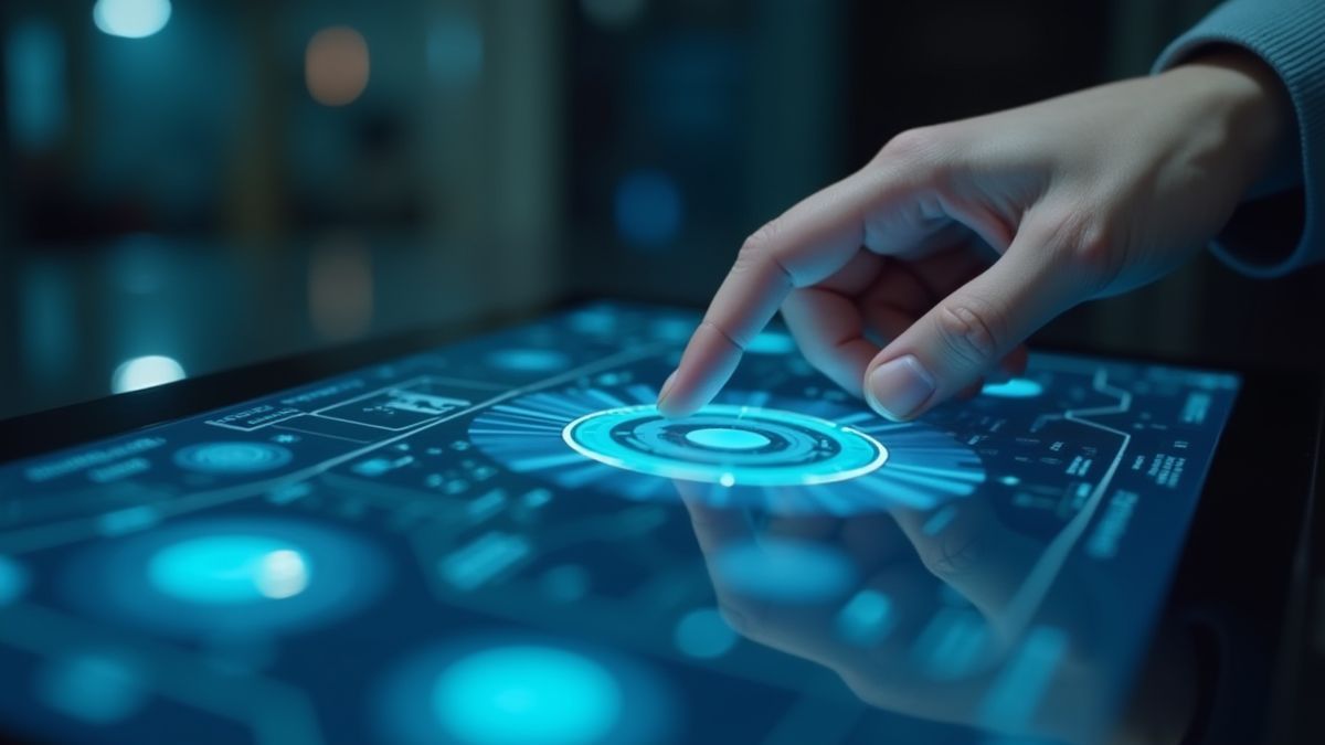Hand interacting with a futuristic touchscreen.