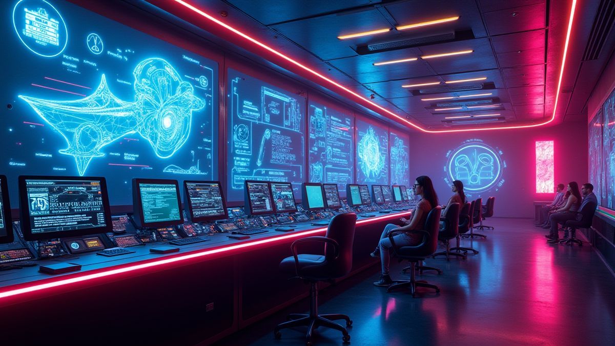 Futuristic room illuminated with neon lights and holograms.