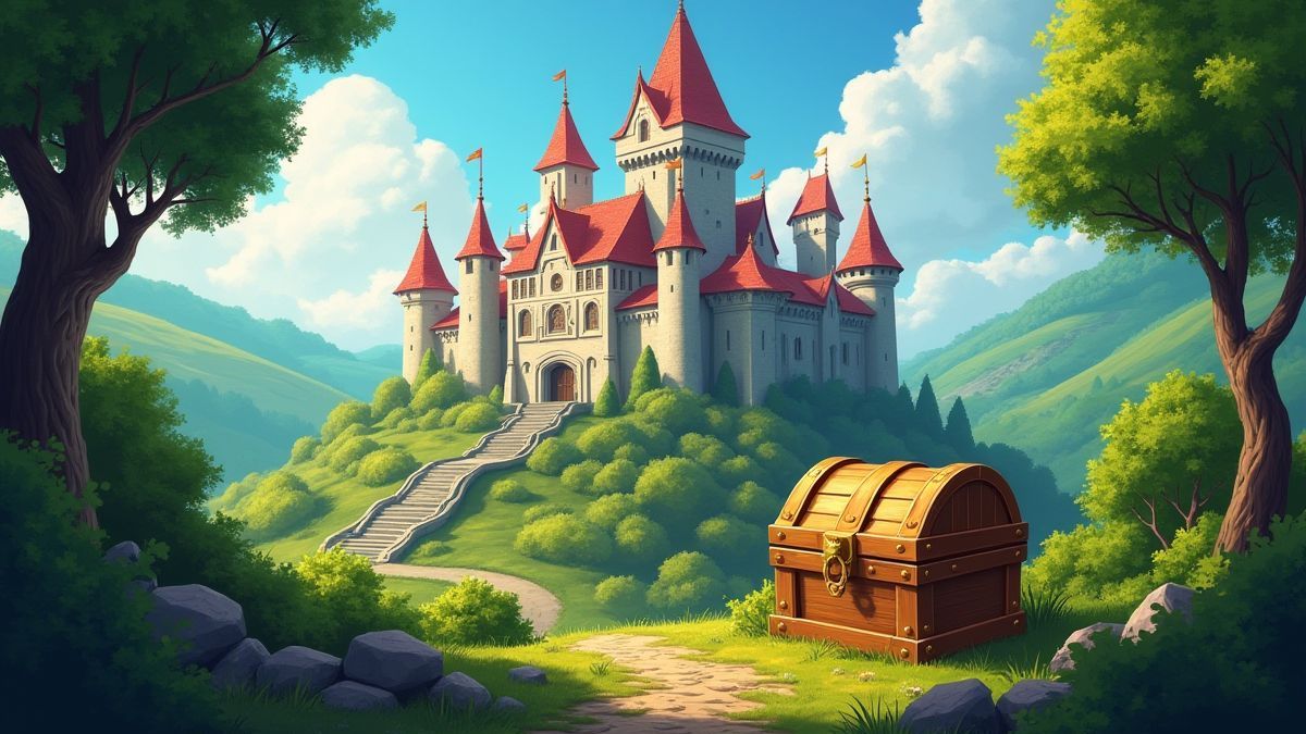 Un castillo medieval rodeado de paisajes verdes y un cofre del tesoro dorado.