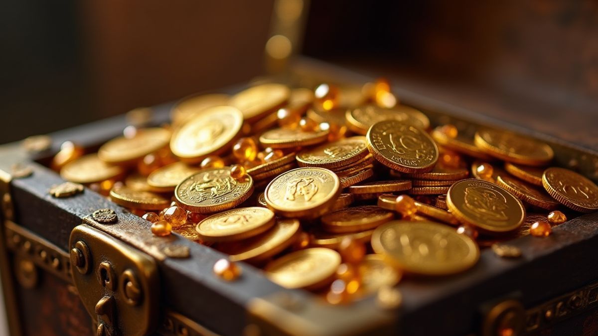 Un cofre del tesoro lleno de monedas de oro y joyas relucientes.