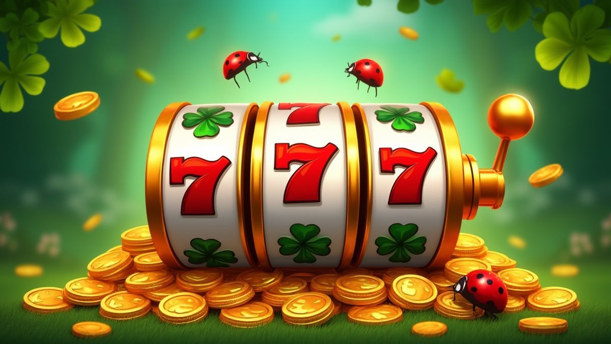 Carretes giratorios con tréboles, mariquitas y monedas de oro.