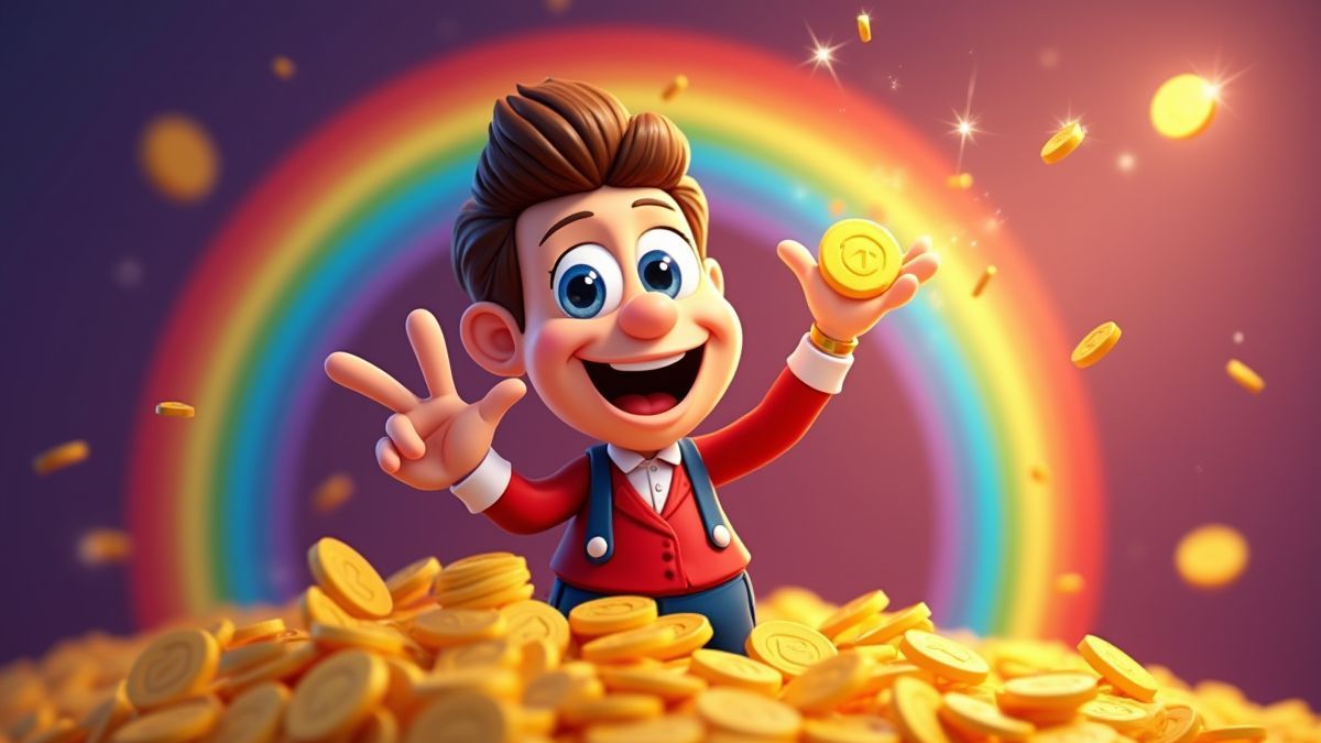 Jugador ganando monedas con un arco iris brillante de fondo.