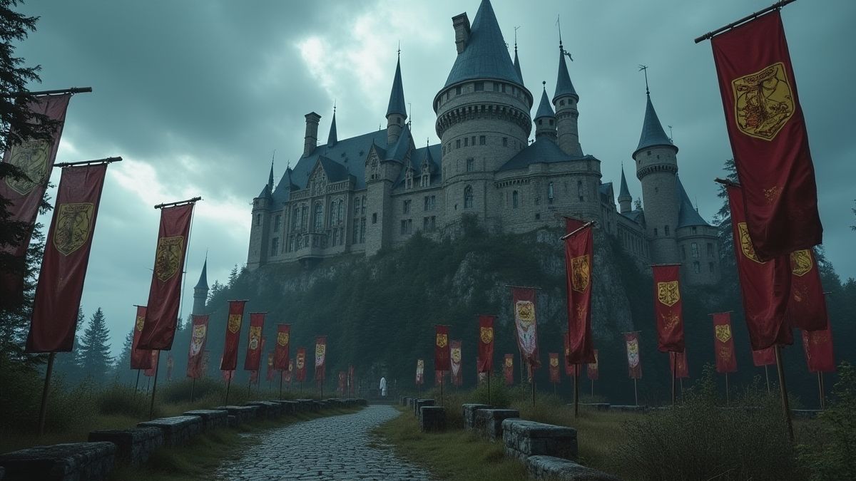 Castillo medieval rodeado por banderas de casas nobles.