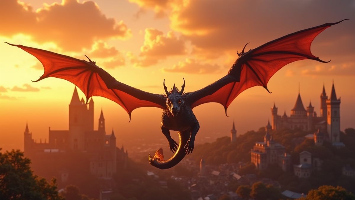 Dragón volando sobre una ciudad medieval al atardecer.