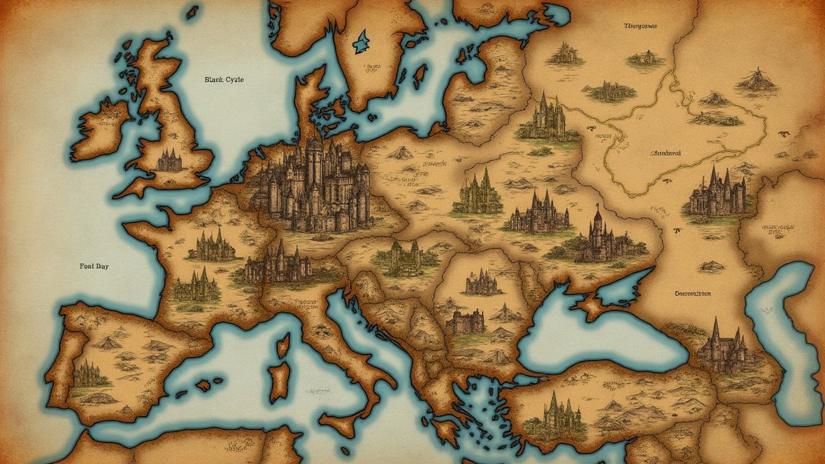 Carte médiévale avec châteaux et royaumes qui rappellent Westeros.